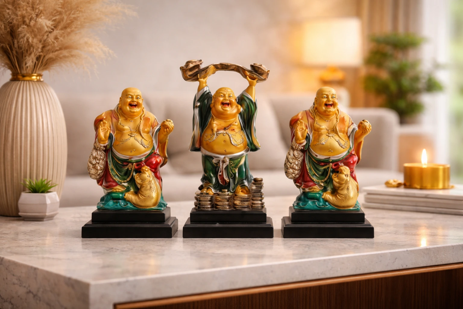 Laughing Buddha Happy Man Statue Figurine for Good Luck (TCM 1040 GR Gold)